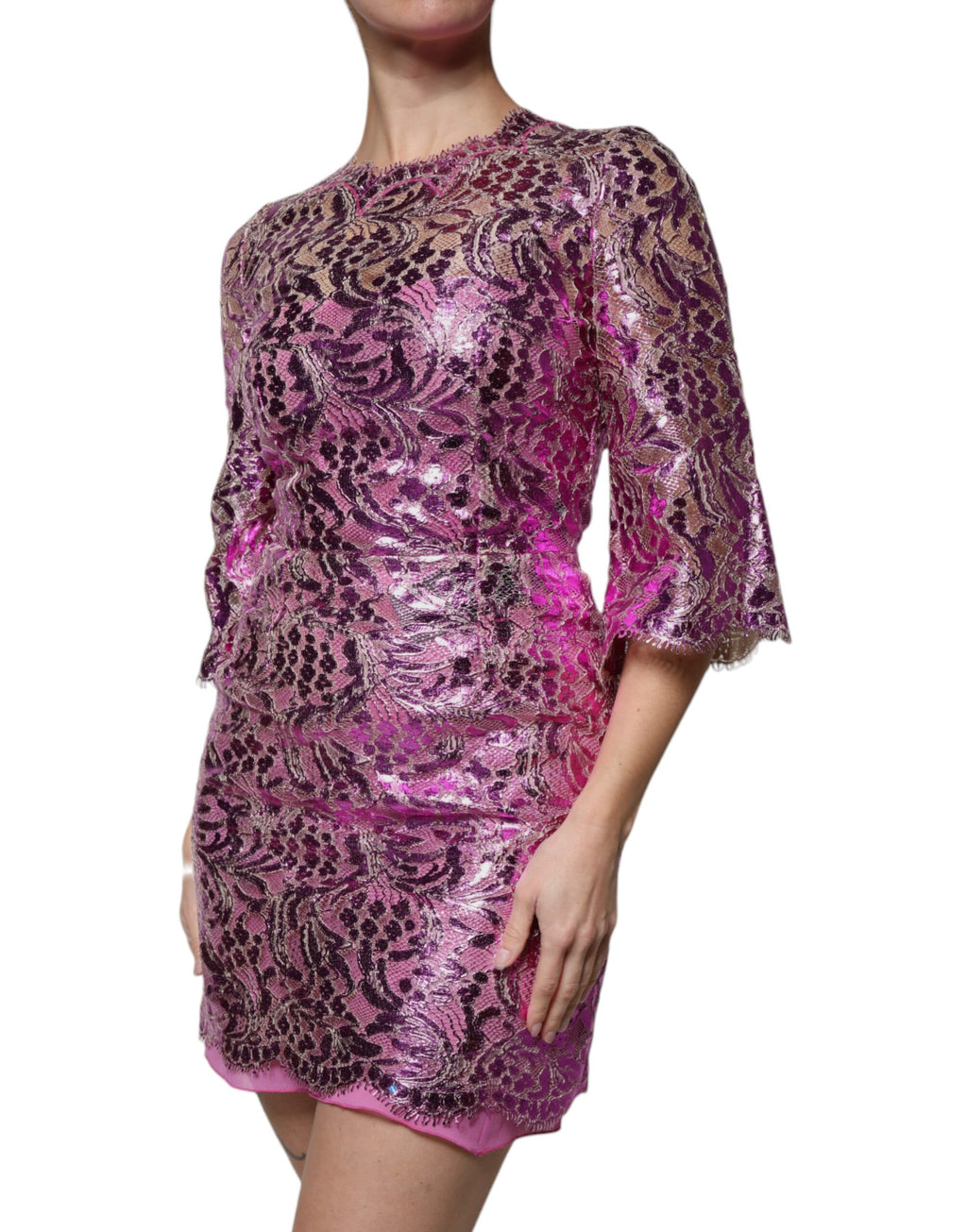 Dolce & Gabbana Fuchsiafarbenes Metallic-Mini-Kleid mit Blumenmuster