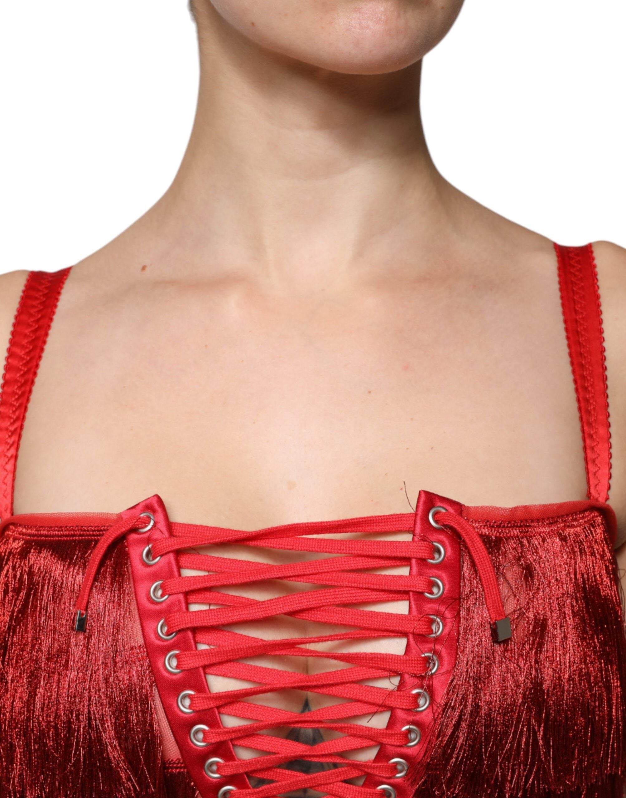 Dolce & Gabbana Rotes ärmelloses Etuikleid mit Spitze und Quasten
