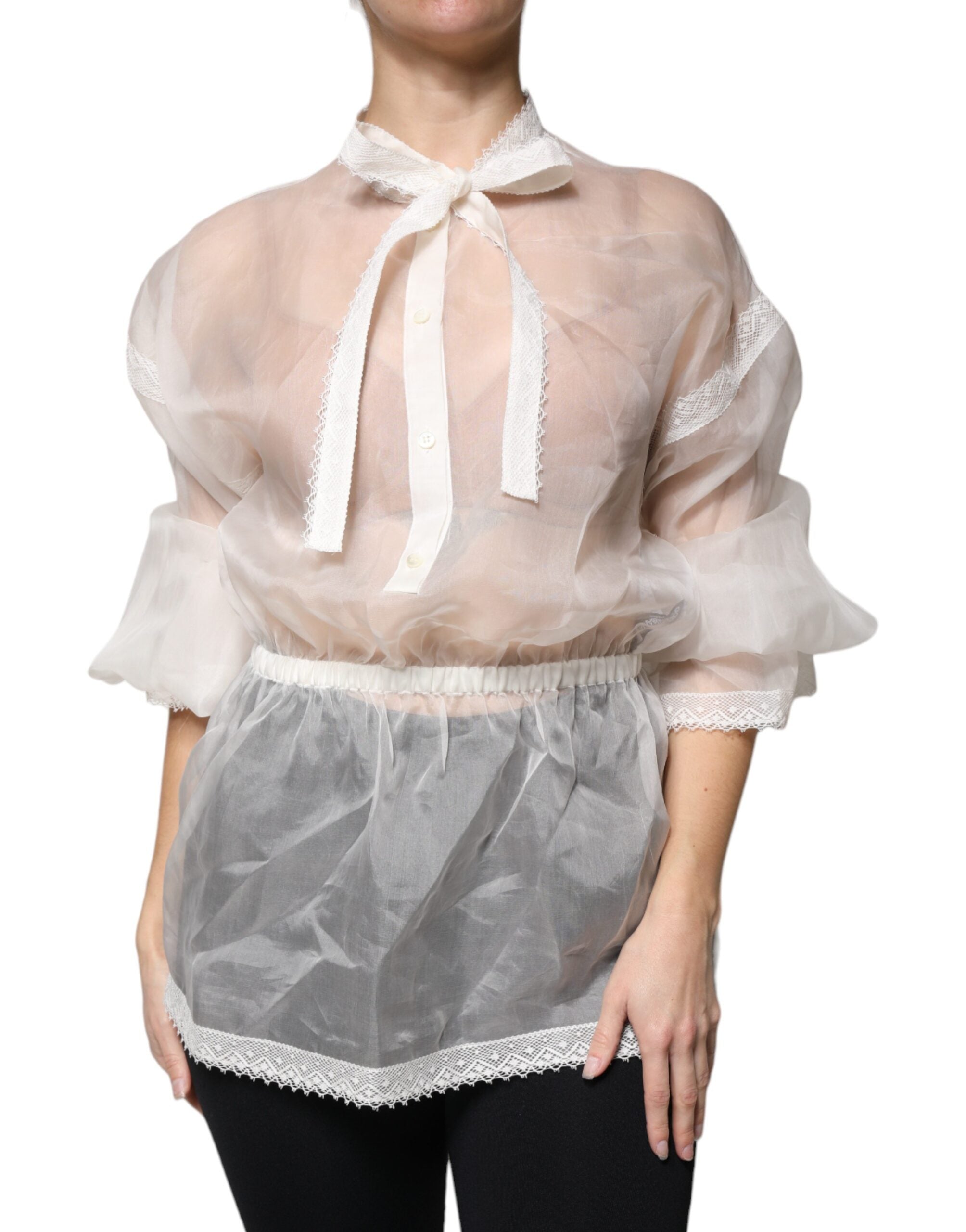 Dolce & Gabbana White Blouse Top with Ascot Collar and Long Sleeves