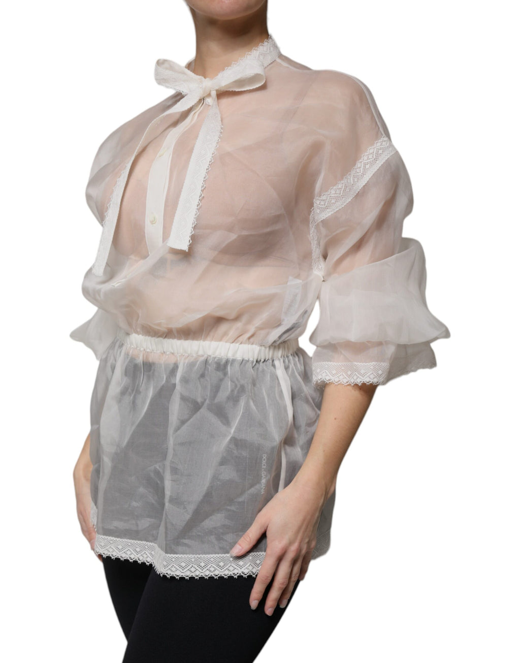 Dolce & Gabbana White Blouse Top with Ascot Collar and Long Sleeves