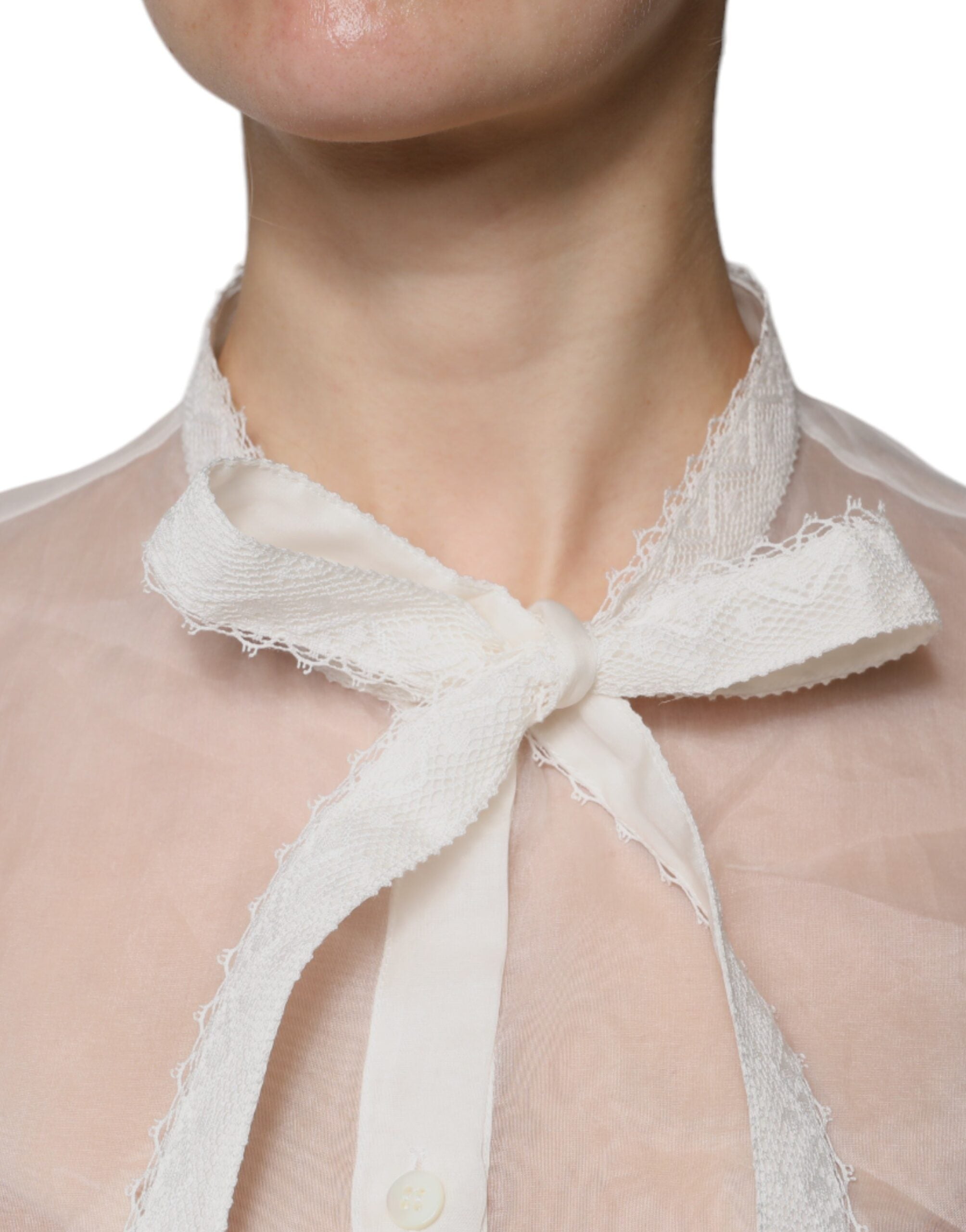 Dolce & Gabbana White Blouse Top with Ascot Collar and Long Sleeves
