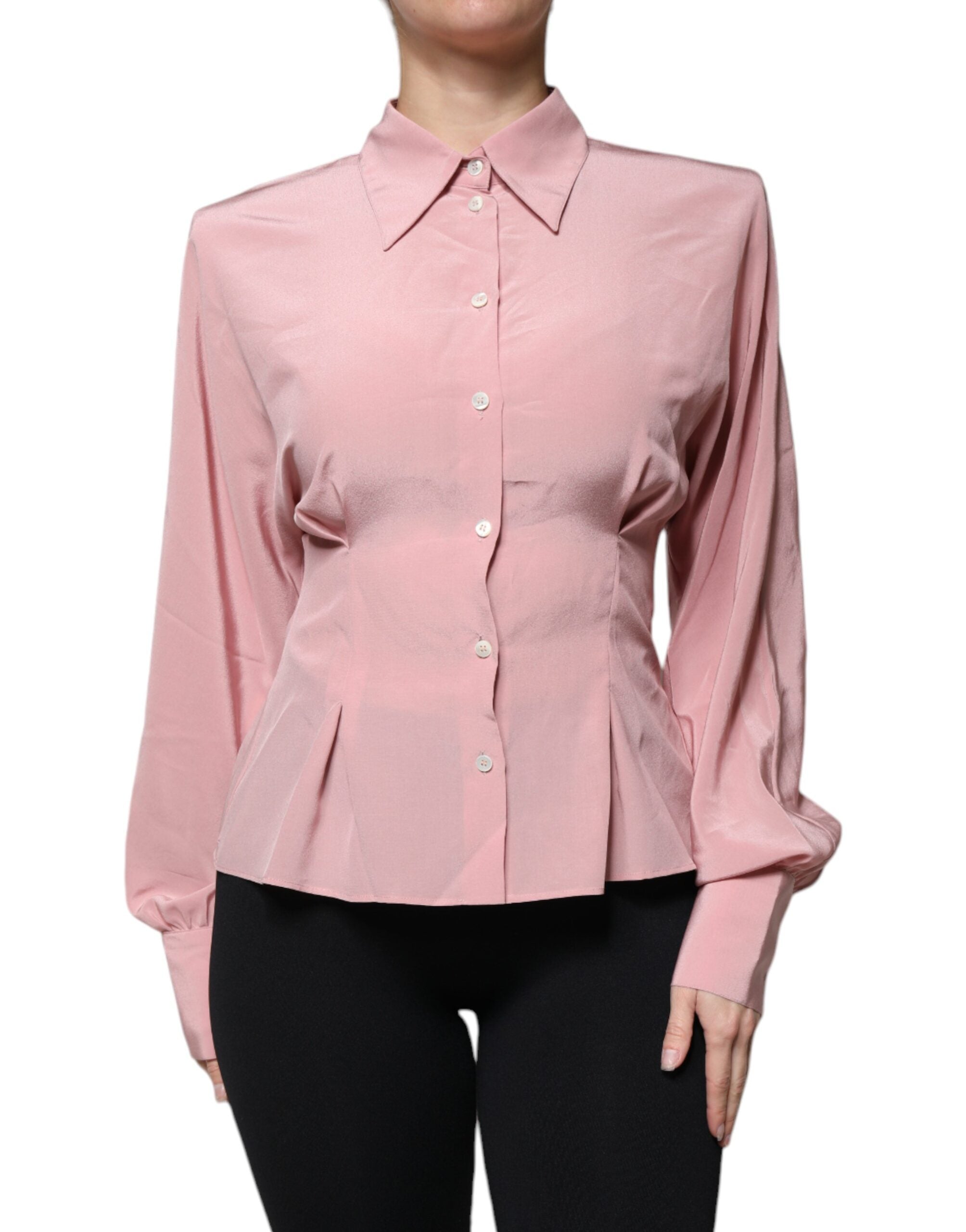 Dolce & Gabbana Pink Cotton Long Sleeve Blouse with Collar Top