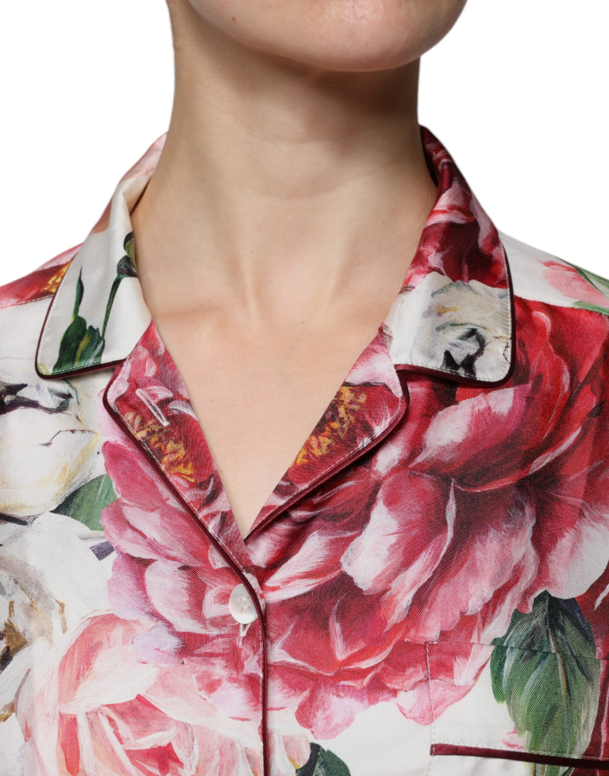 Dolce & Gabbana Weißes Pfingstrose Seide Langärmeliges Blusenoberteil mit Kragen