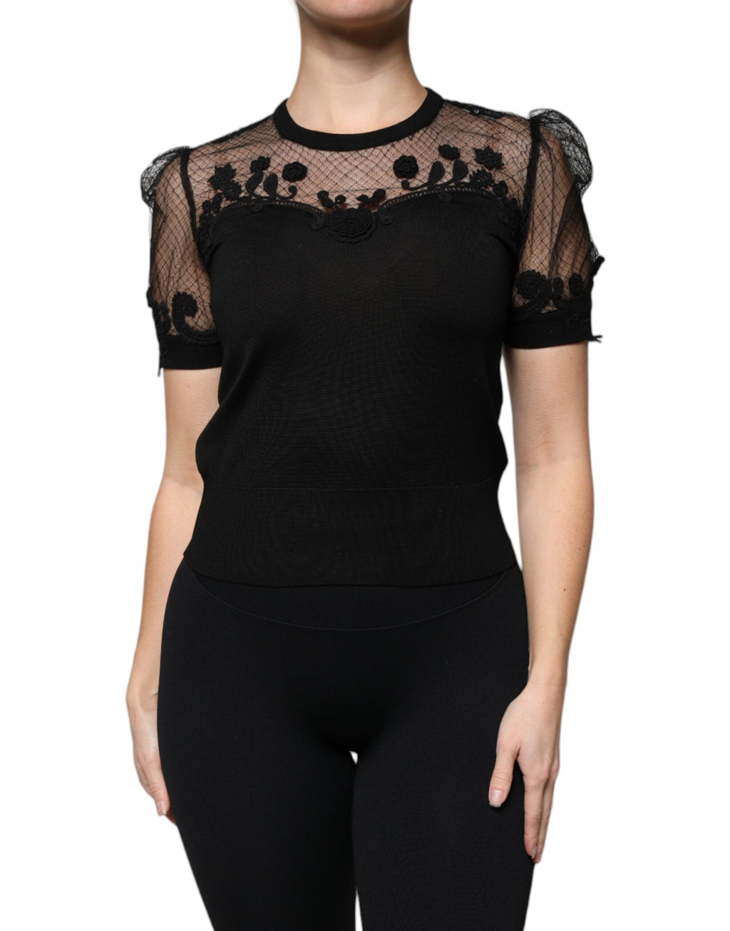 Dolce & Gabbana Black Floral Lace Short-Sleeve Blouse Top