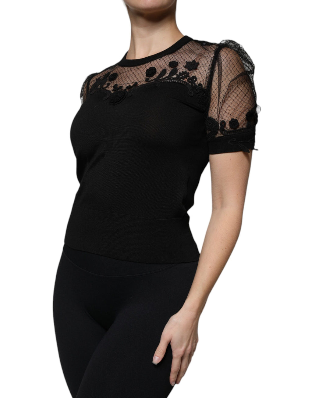 Dolce & Gabbana Black Floral Lace Short-Sleeve Blouse Top