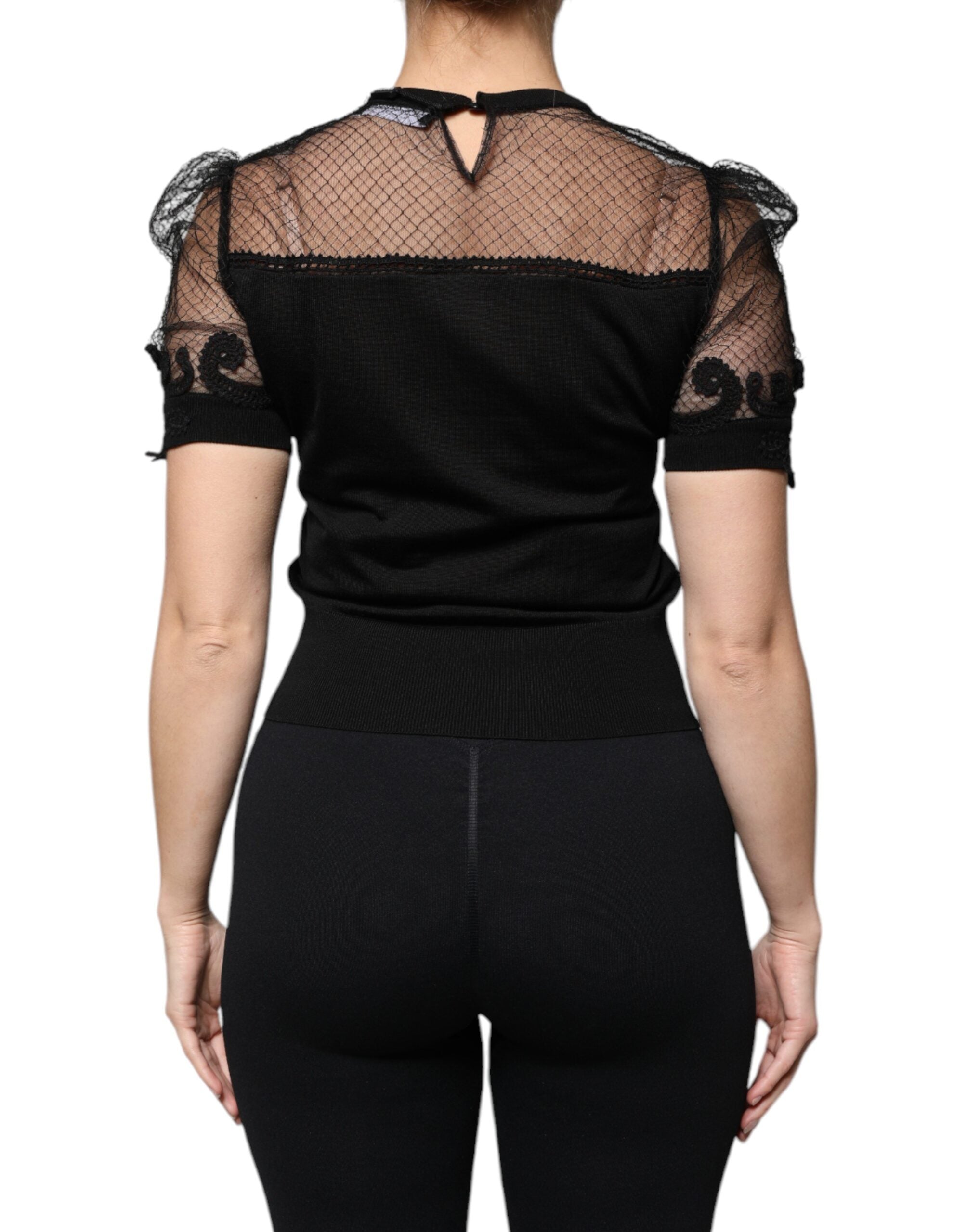 Dolce & Gabbana Black Floral Lace Short-Sleeve Blouse Top