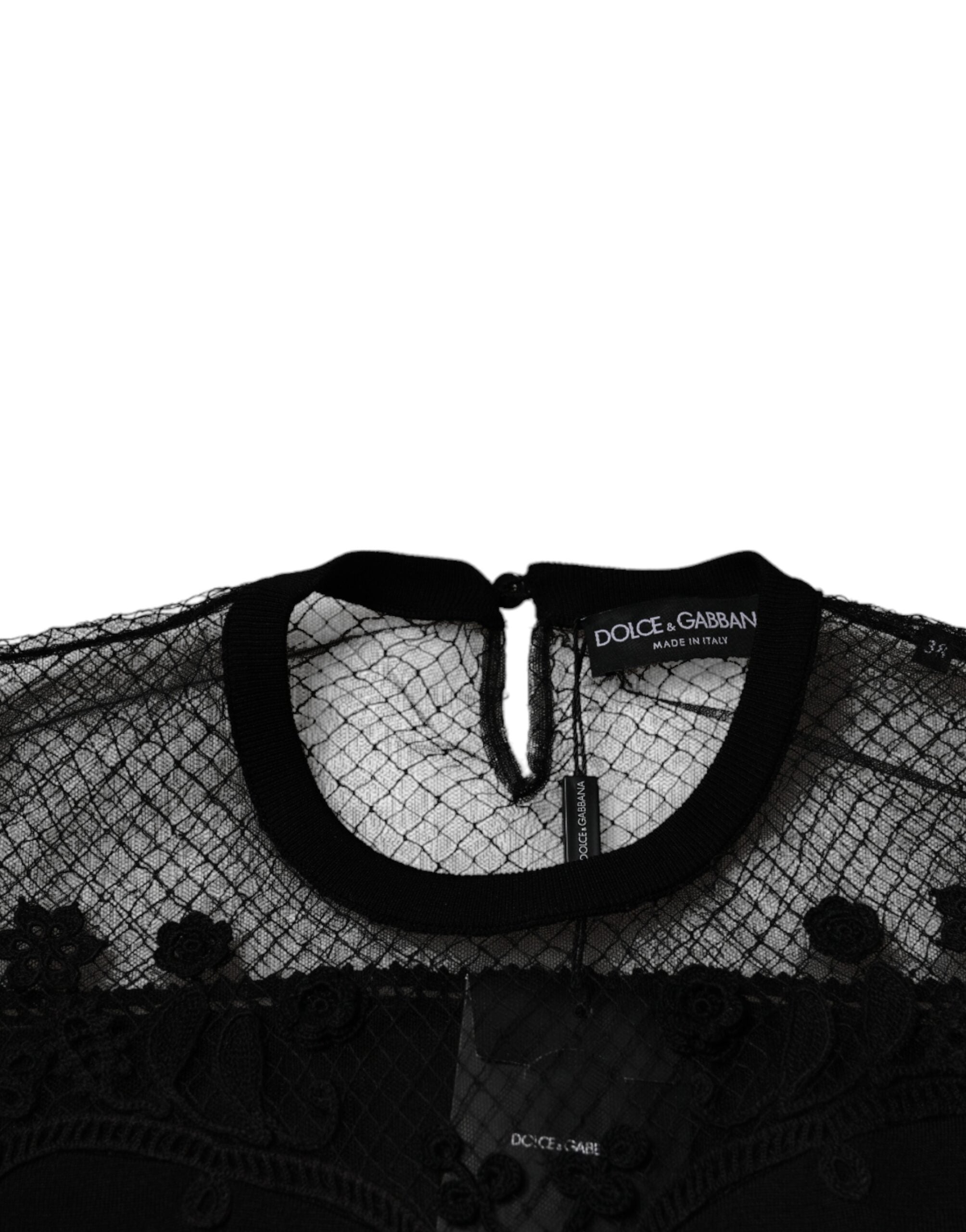 Dolce & Gabbana Black Floral Lace Short-Sleeve Blouse Top