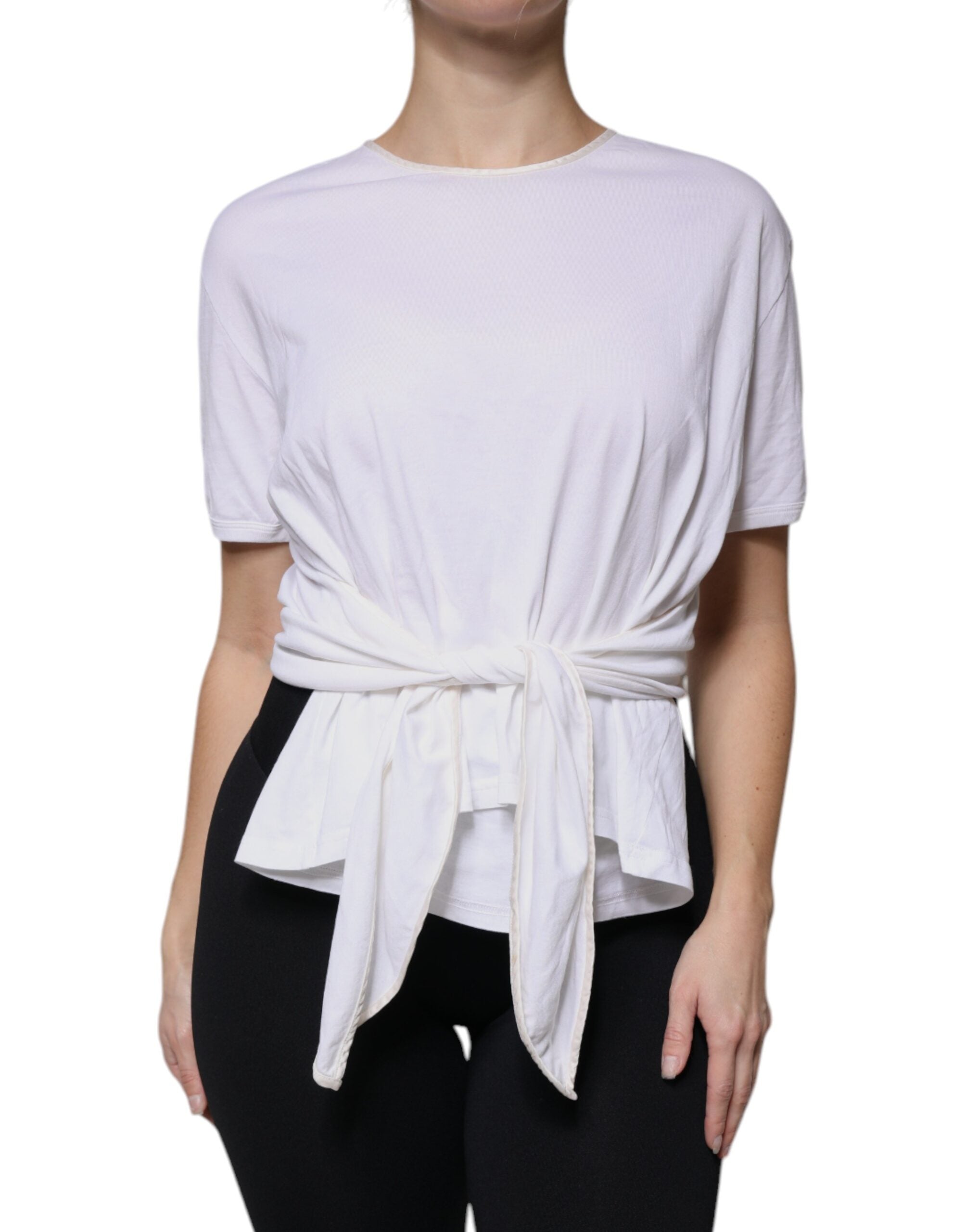 Dolce & Gabbana White Cotton-Silk Round-Neck Wrap Blouse Top