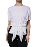 Dolce & Gabbana White Cotton-Silk Round-Neck Wrap Blouse Top