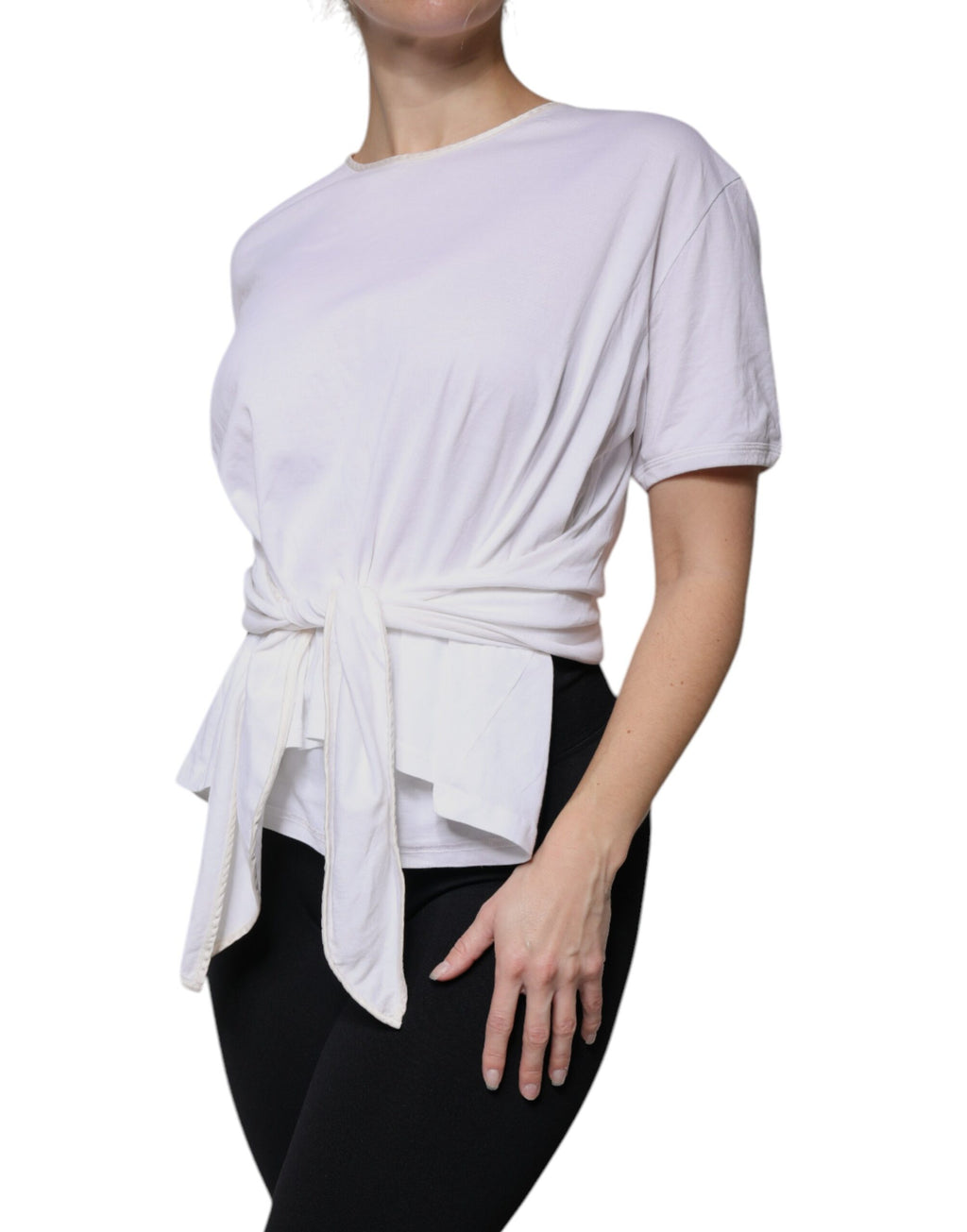 Dolce & Gabbana White Cotton-Silk Round-Neck Wrap Blouse Top