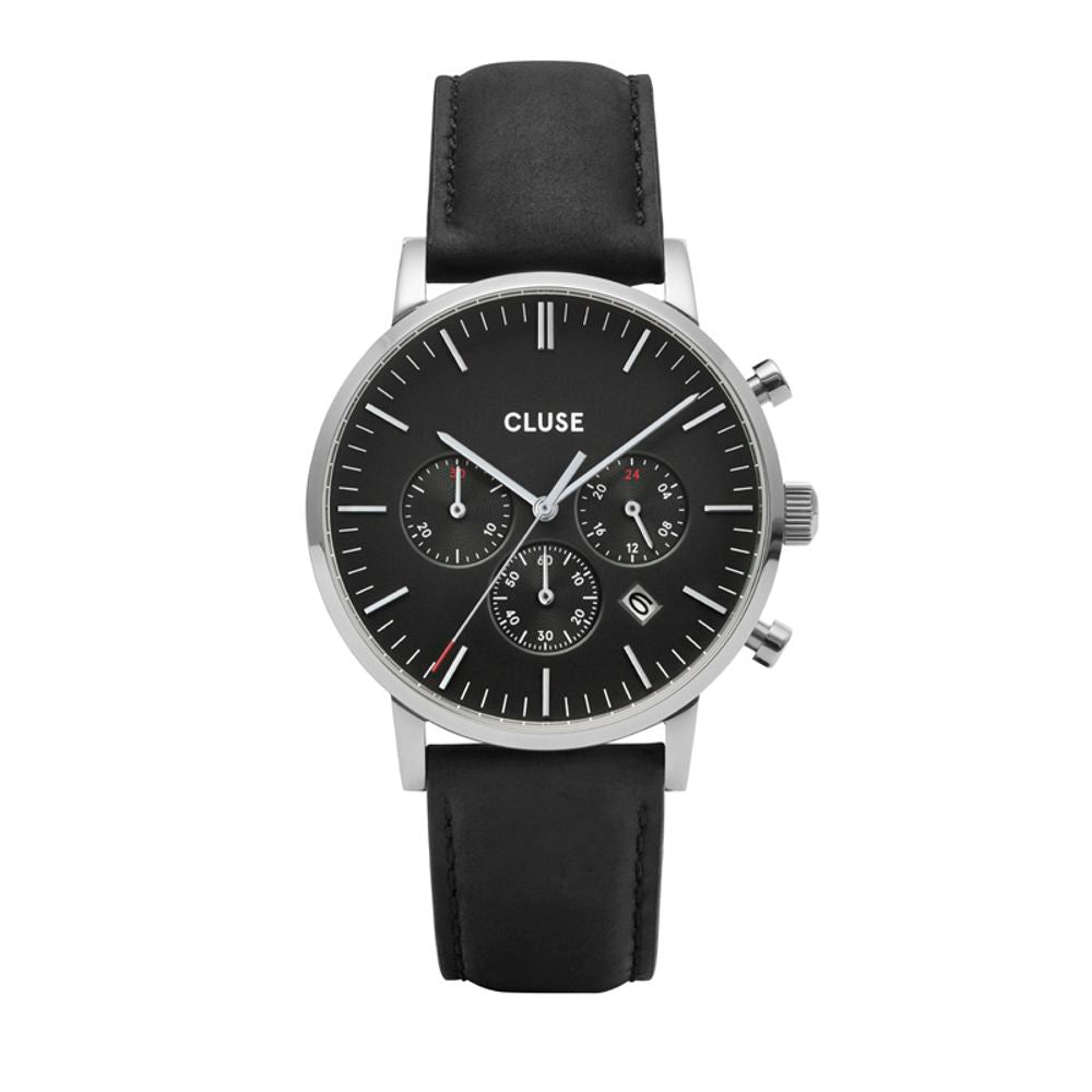 Cluse Schwarze Lederkleid-Uhr