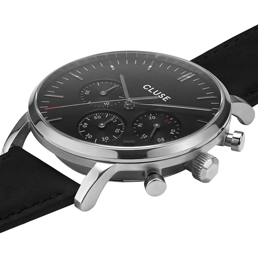 Cluse Schwarze Lederkleid-Uhr