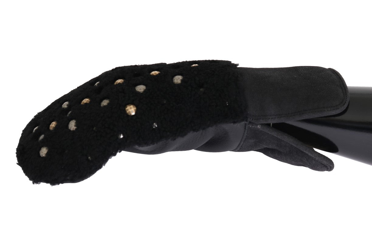 Dolce & Gabbana Black Leather Shearling Gloves with Studs