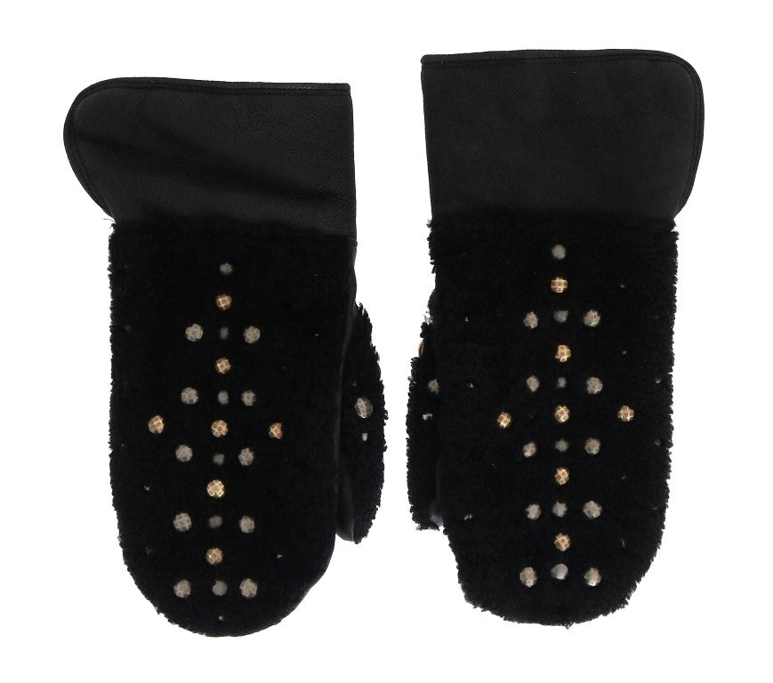 Dolce & Gabbana Black Leather Shearling Gloves with Studs