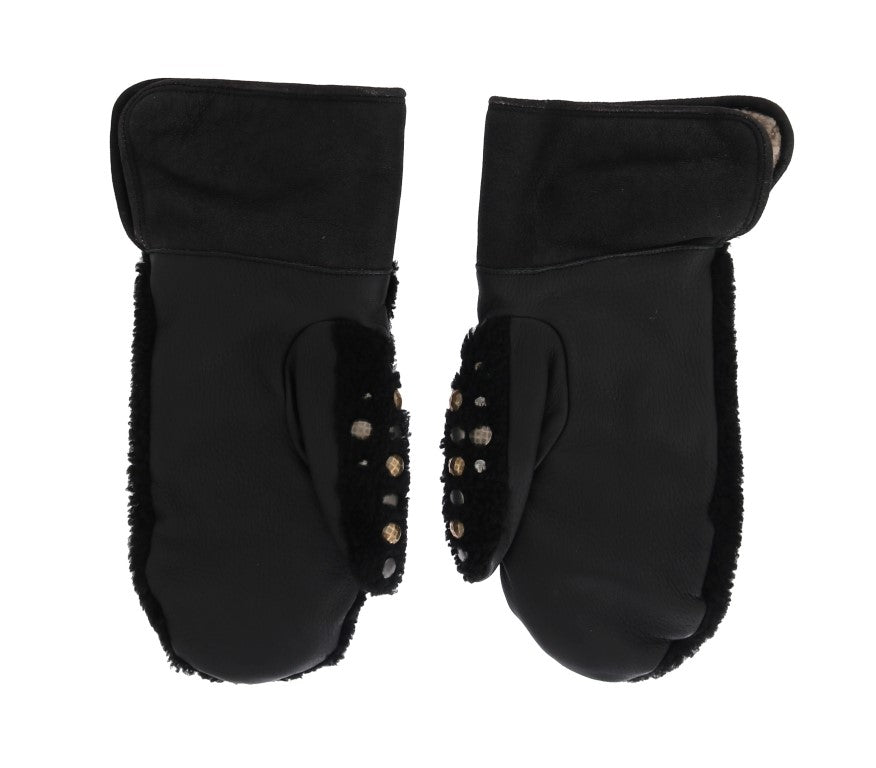 Dolce & Gabbana Black Leather Shearling Gloves with Studs