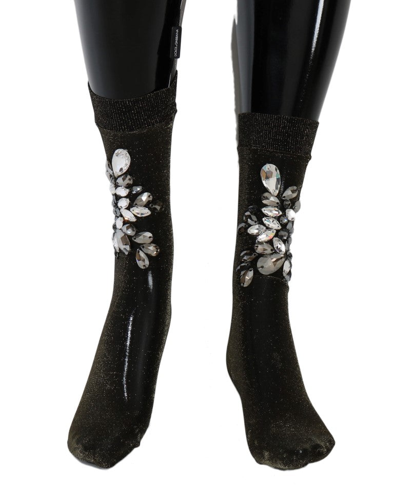 Dolce & Gabbana Schwarze Stretch Floral Socken mit klarem Kristall