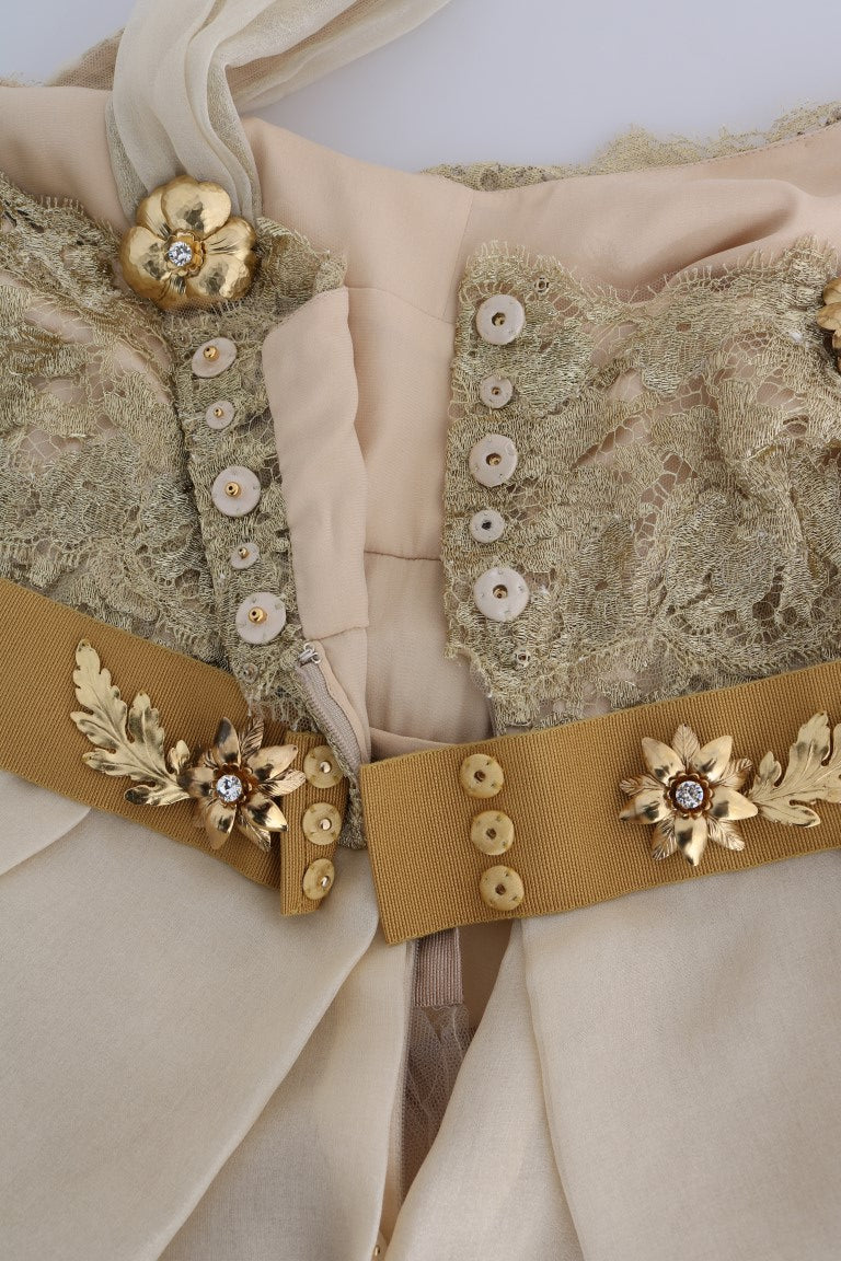 Dolce & Gabbana Goldfarbenes, kristallverziertes Seidenkleid
