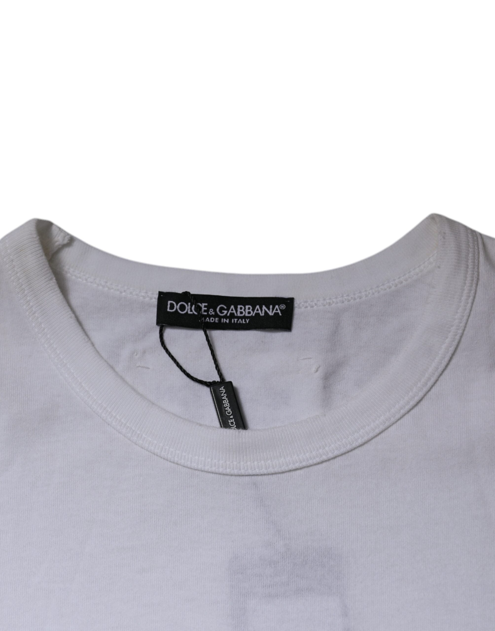 Dolce & Gabbana White Crew-Neck Striped T-Shirt with Short Sleeves