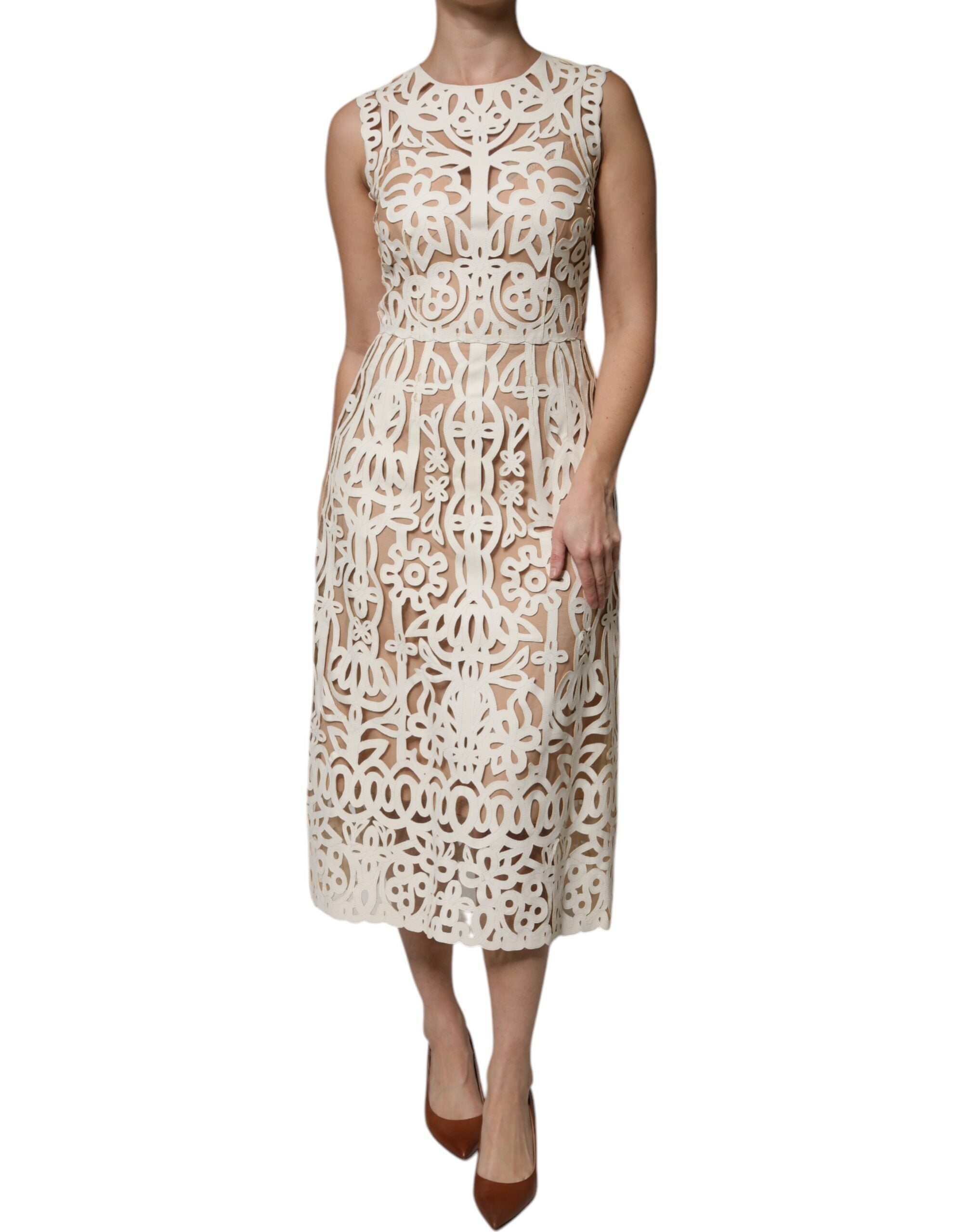 Dolce & Gabbana White Cut-Out Sleeveless Leather Midi Dress