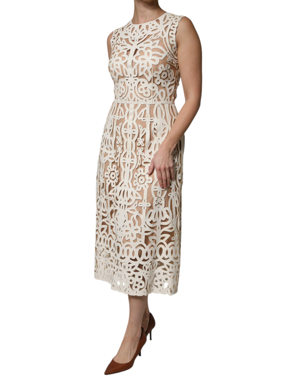 Dolce & Gabbana White Cut-Out Sleeveless Leather Midi Dress