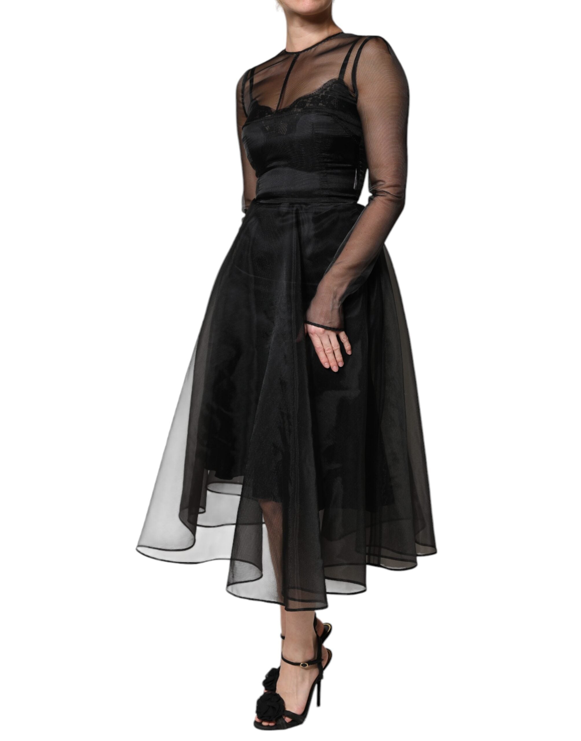 Dolce & Gabbana Schwarzes Tüll A-Linie Midi Cocktailkleid Kleid