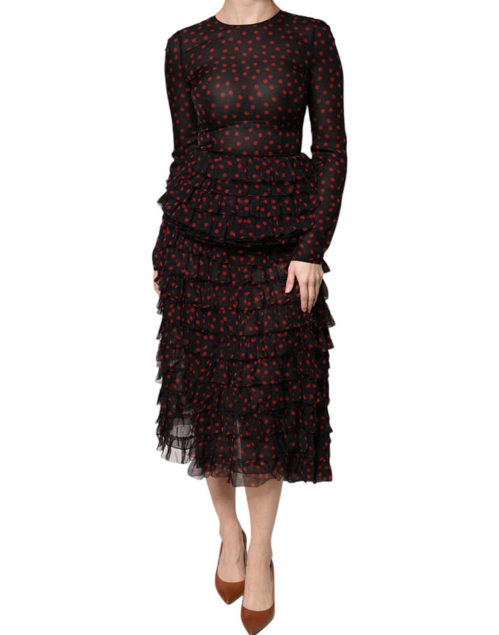 Dolce & Gabbana Layered Black and Red Polka-Dot Silk Midi Dress