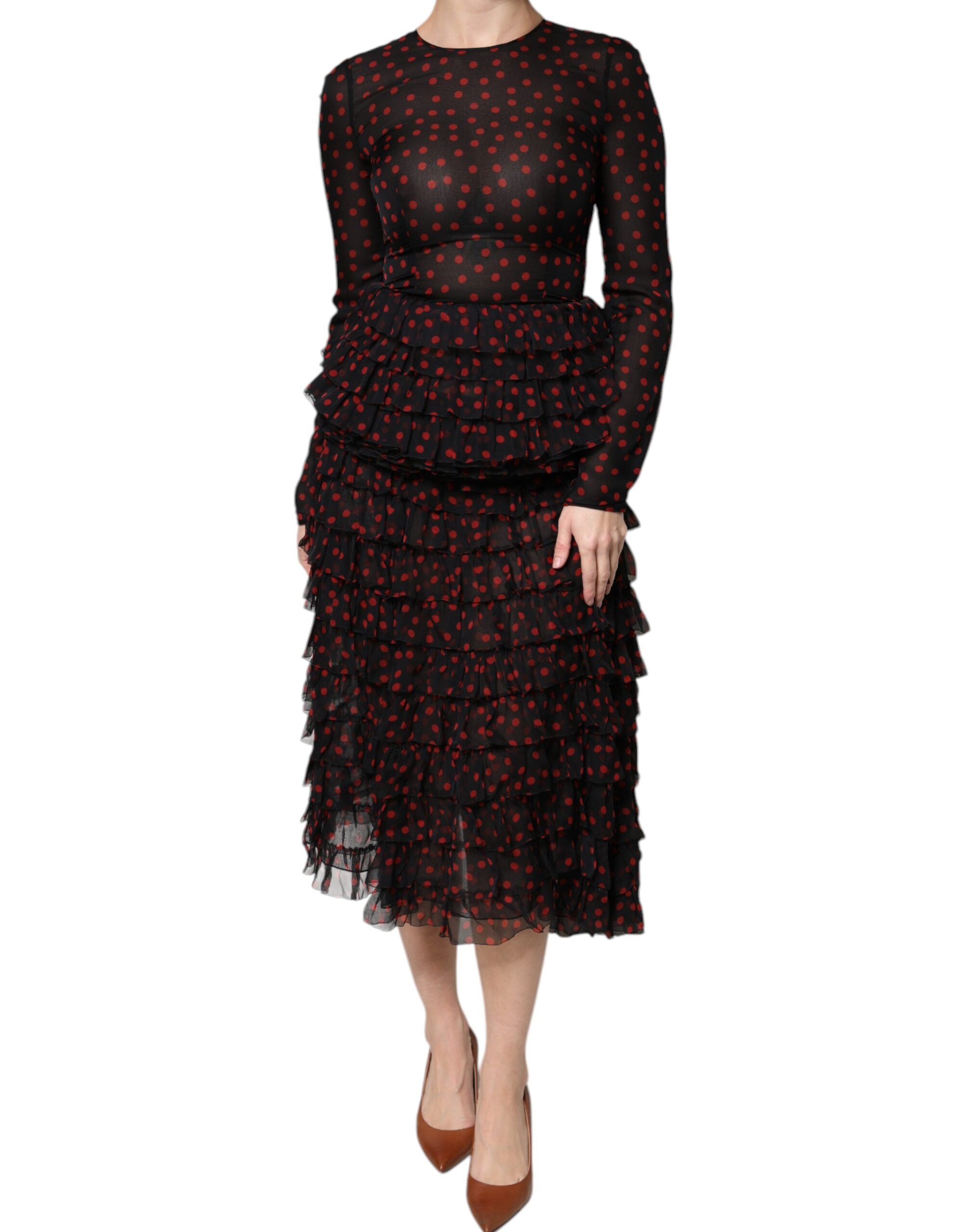 Dolce & Gabbana Layered Black and Red Polka-Dot Silk Midi Dress