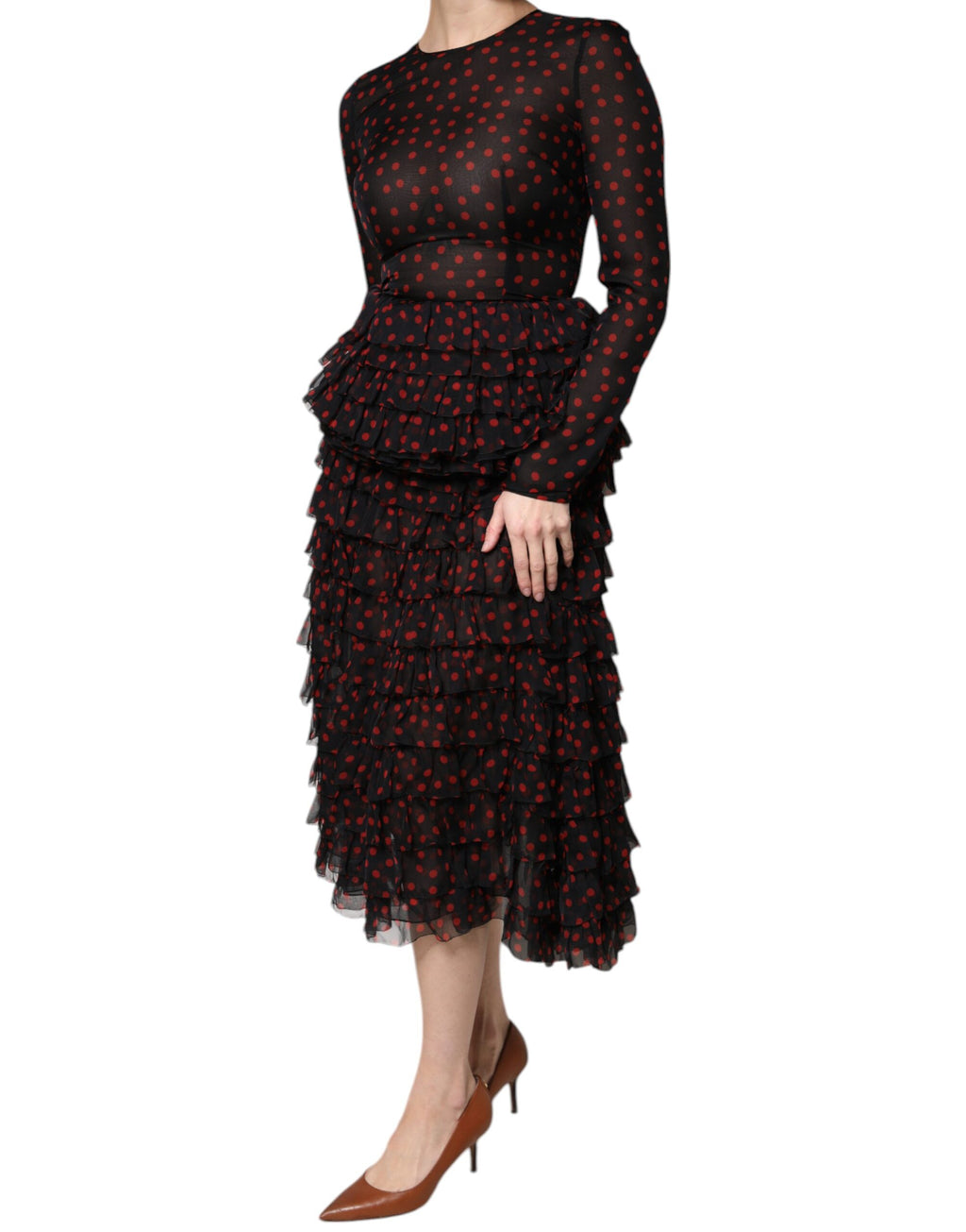 Dolce & Gabbana Layered Black and Red Polka-Dot Silk Midi Dress