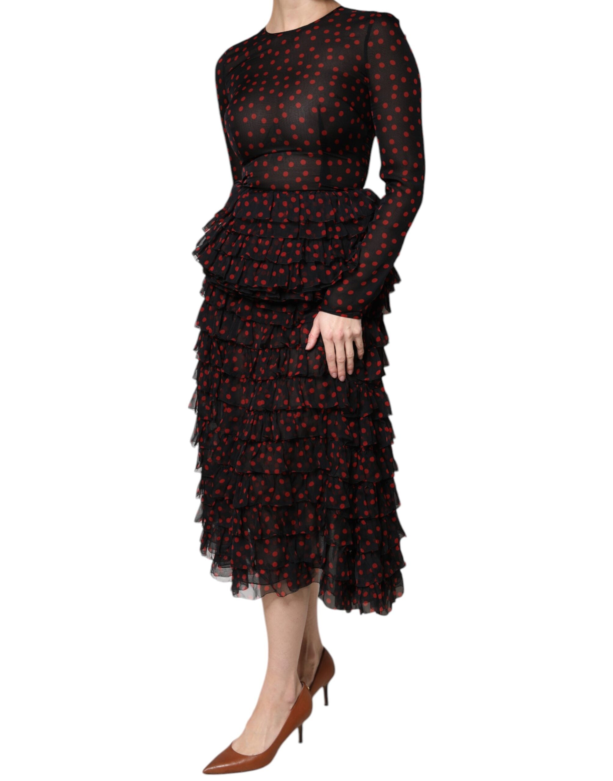 Dolce & Gabbana Layered Black and Red Polka-Dot Silk Midi Dress