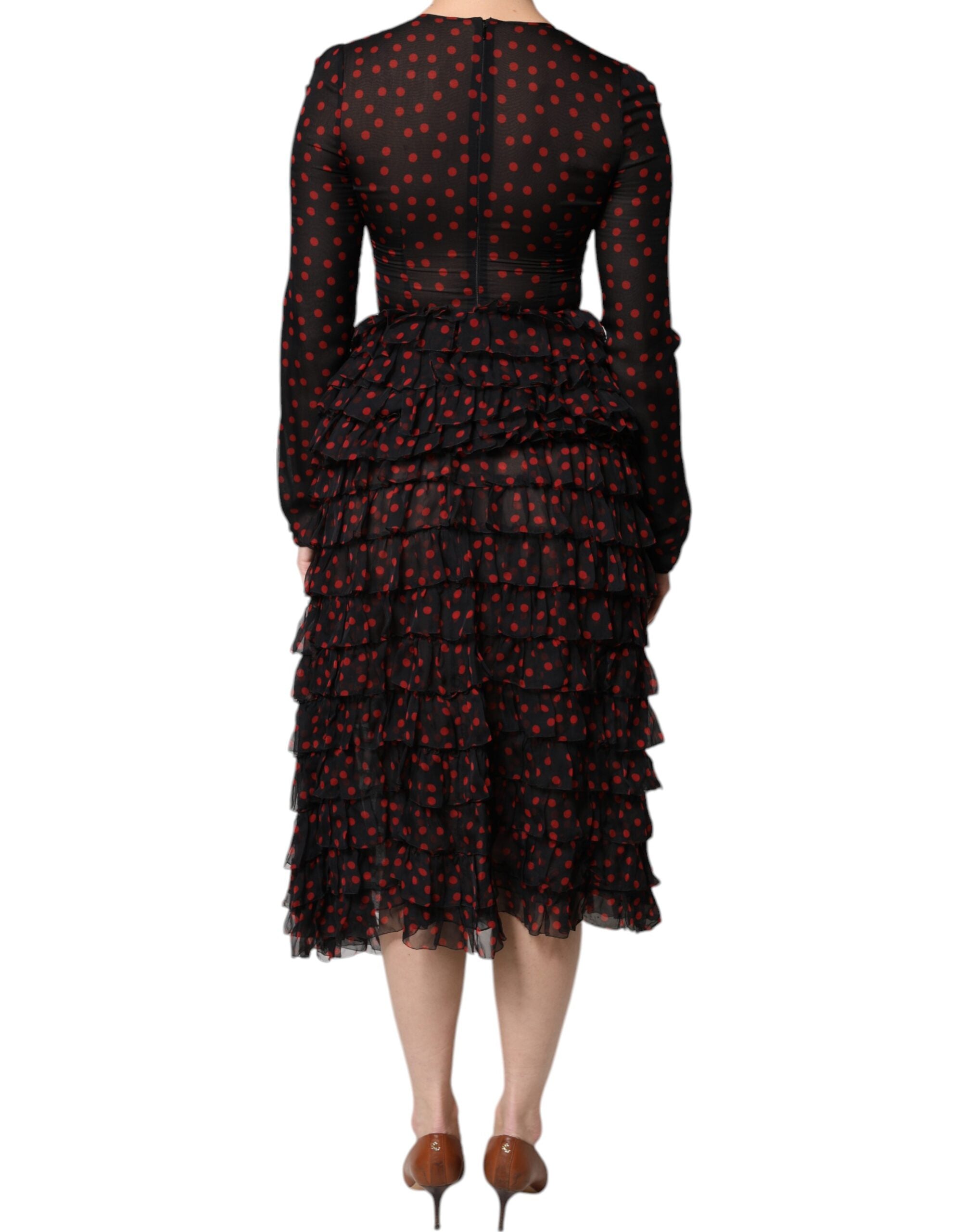 Dolce & Gabbana Layered Black and Red Polka-Dot Silk Midi Dress