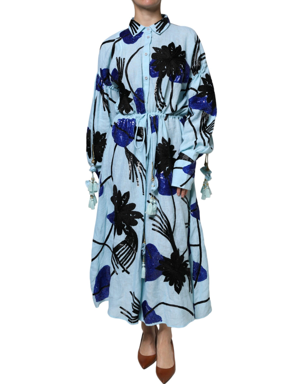 Christian Pellizzari Hellblaues Hemd-Maxikleid mit Blumenverzierung