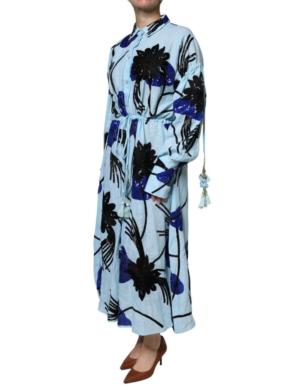 Christian Pellizzari Hellblaues Hemd-Maxikleid mit Blumenverzierung