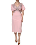 Ermanno Scervino Pink Floral Lace Short-Sleeve V-Neck Midi Dress
