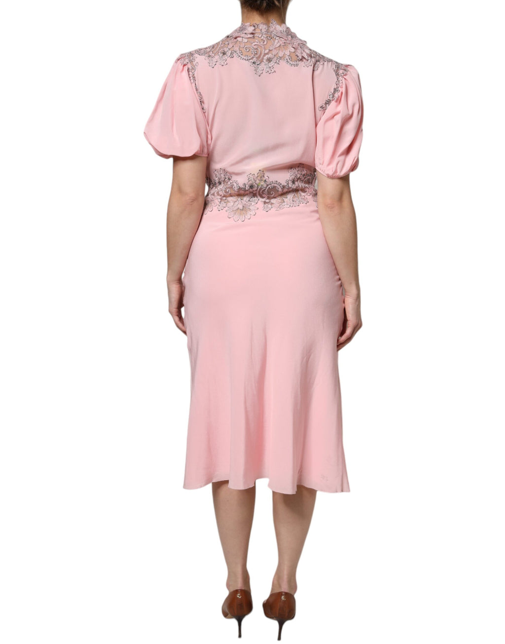 Ermanno Scervino Pink Floral Lace Short-Sleeve V-Neck Midi Dress