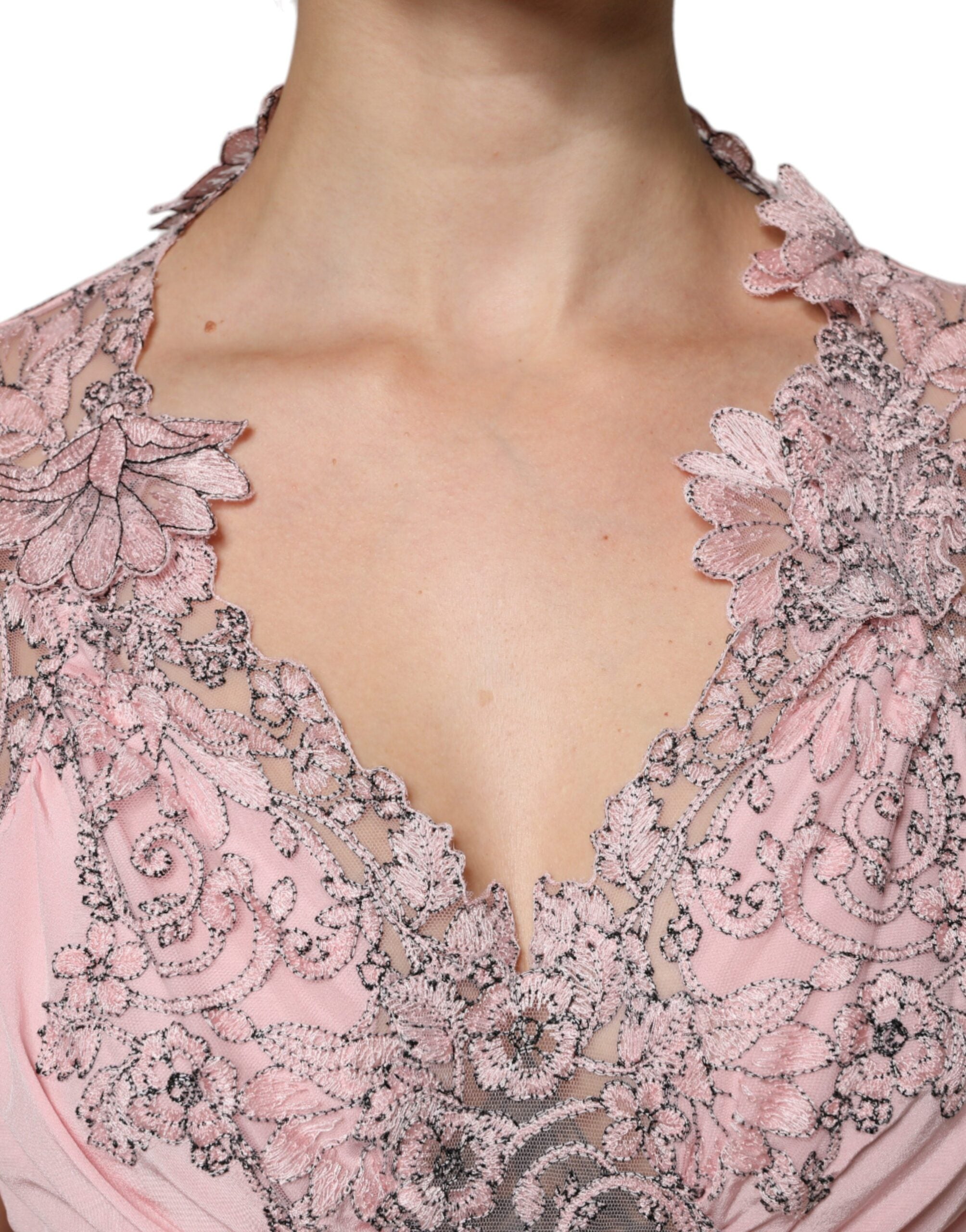 Ermanno Scervino Pink Floral Lace Short-Sleeve V-Neck Midi Dress
