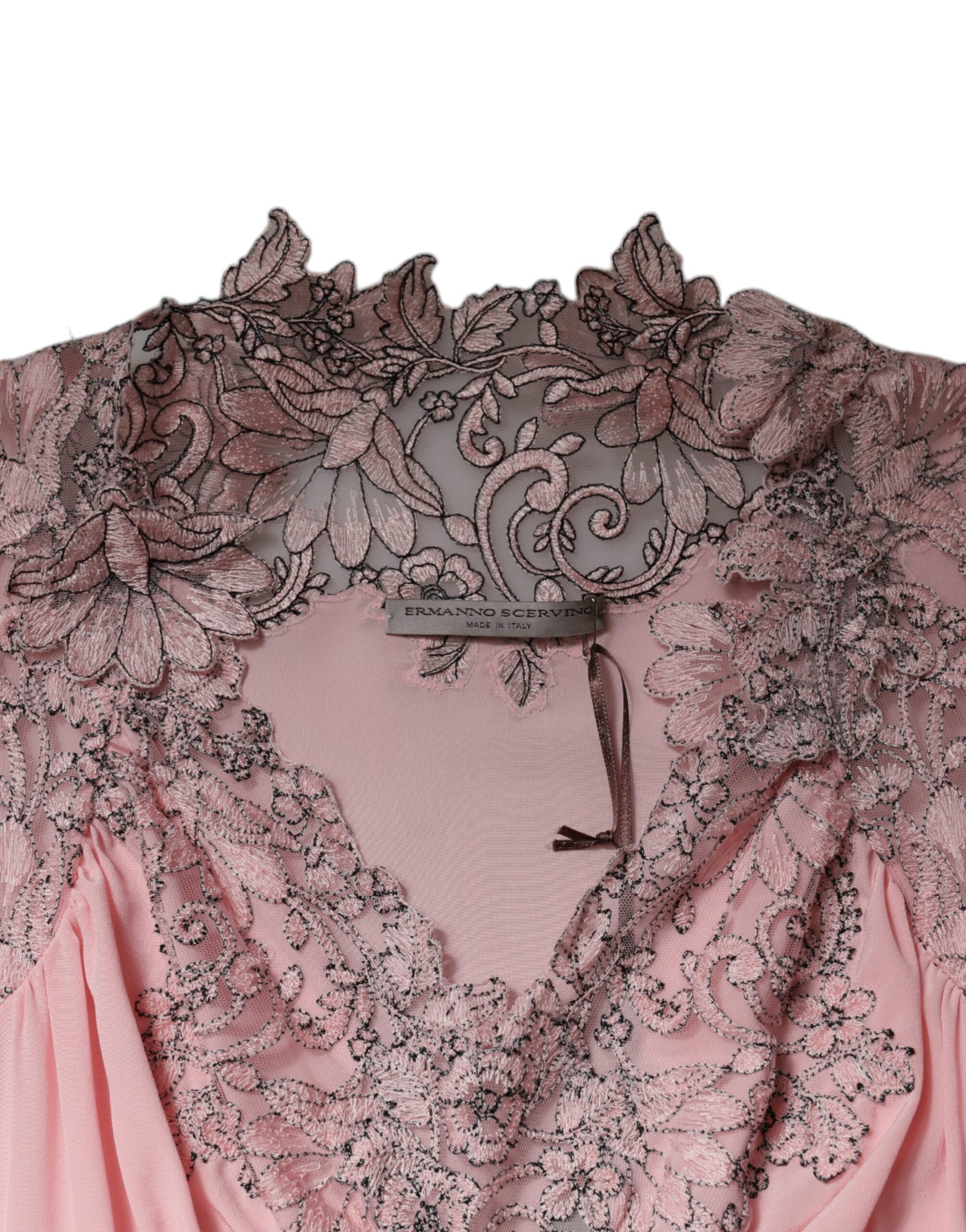 Ermanno Scervino Pink Floral Lace Short-Sleeve V-Neck Midi Dress