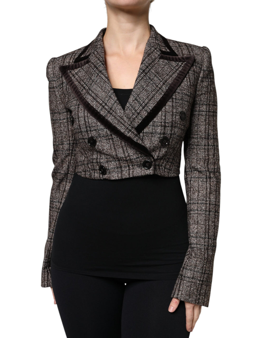 Dolce & Gabbana Brown Checked Coat with Long Sleeves and Cropped Jacket