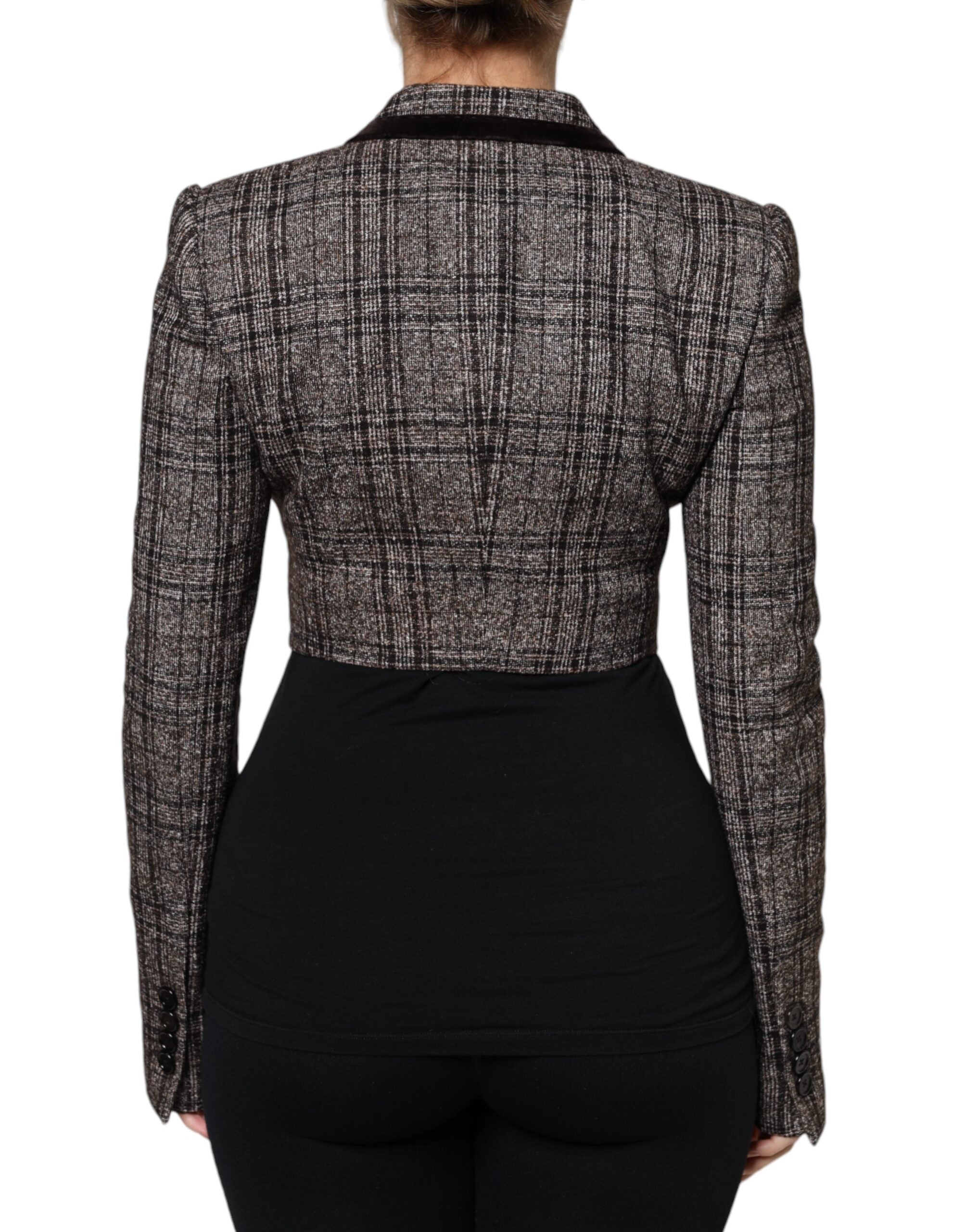 Dolce & Gabbana Brown Checked Coat with Long Sleeves and Cropped Jacket