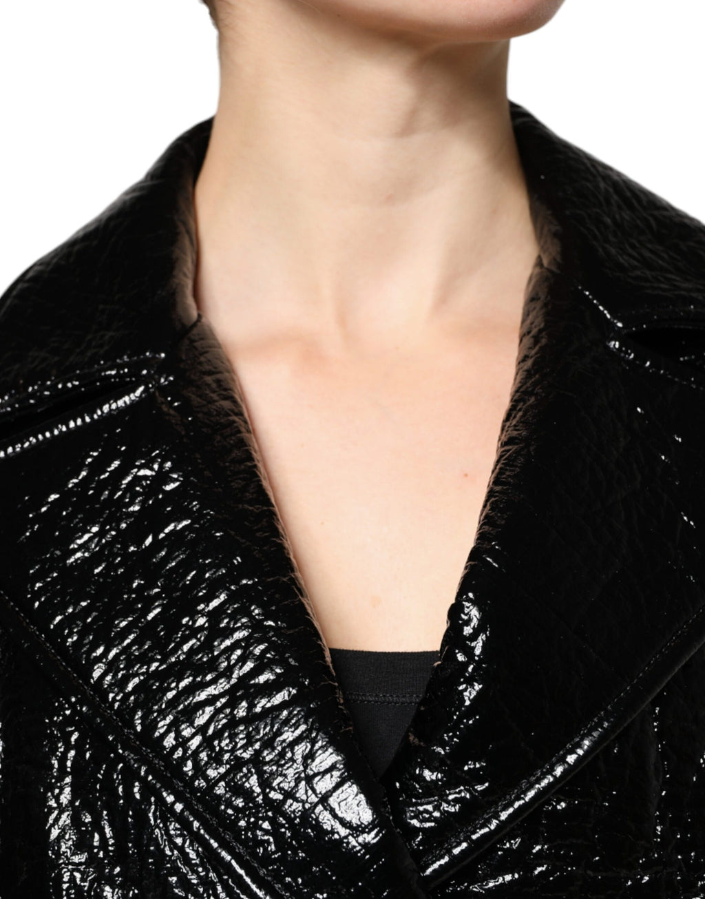 Dolce & Gabbana Schwarzer Leder Mantel mit langen Ärmeln