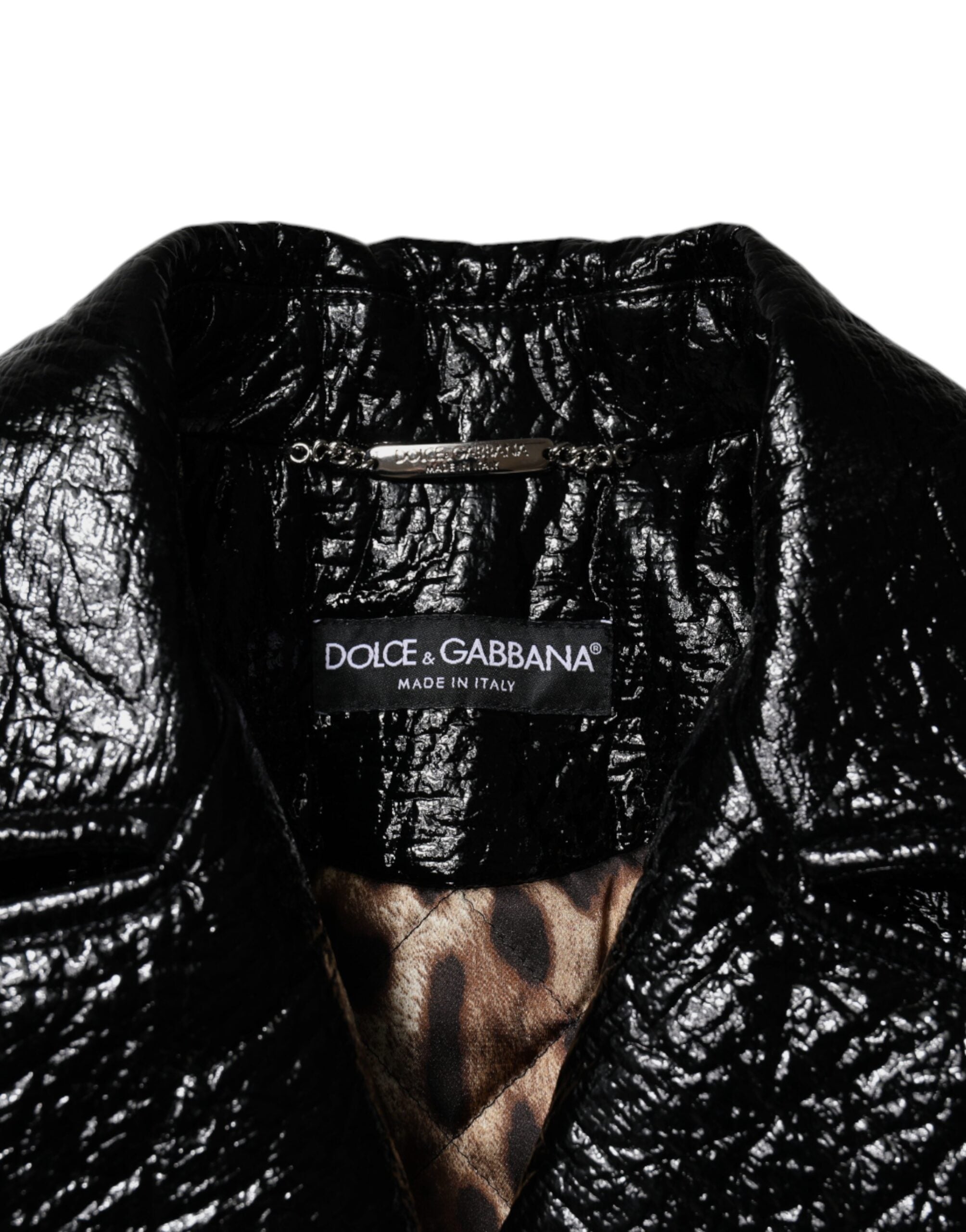 Dolce & Gabbana Schwarzer Leder Mantel mit langen Ärmeln