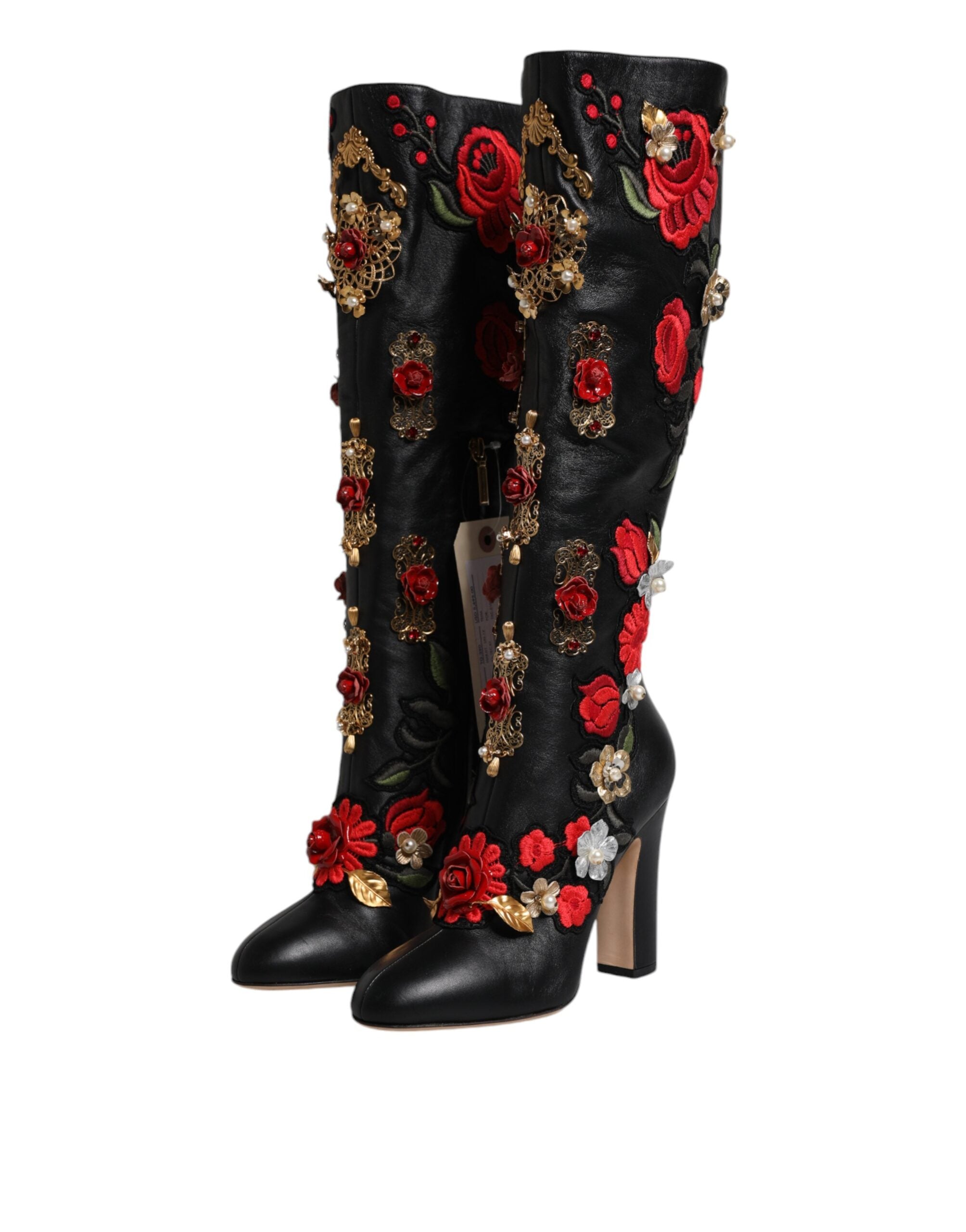 Dolce & Gabbana Schwarz Rosen verschönert Lederabsatz Stiefel Schuhe
