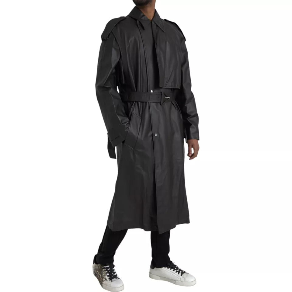 Bottega Veneta Black Leather Men's Waterproof Trench Coat Jacket