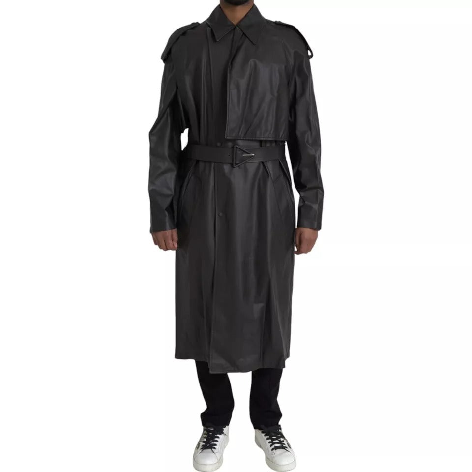 Bottega Veneta Black Leather Men's Waterproof Trench Coat Jacket