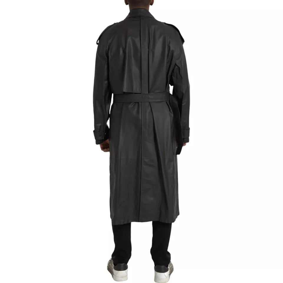 Bottega Veneta Black Leather Men's Waterproof Trench Coat Jacket