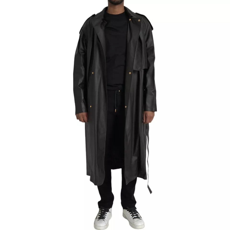 Bottega Veneta Black Leather Men's Waterproof Trench Coat Jacket