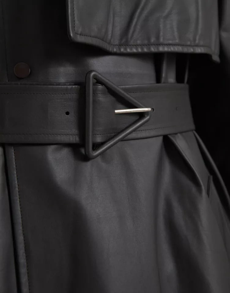 Bottega Veneta Black Leather Men's Waterproof Trench Coat Jacket