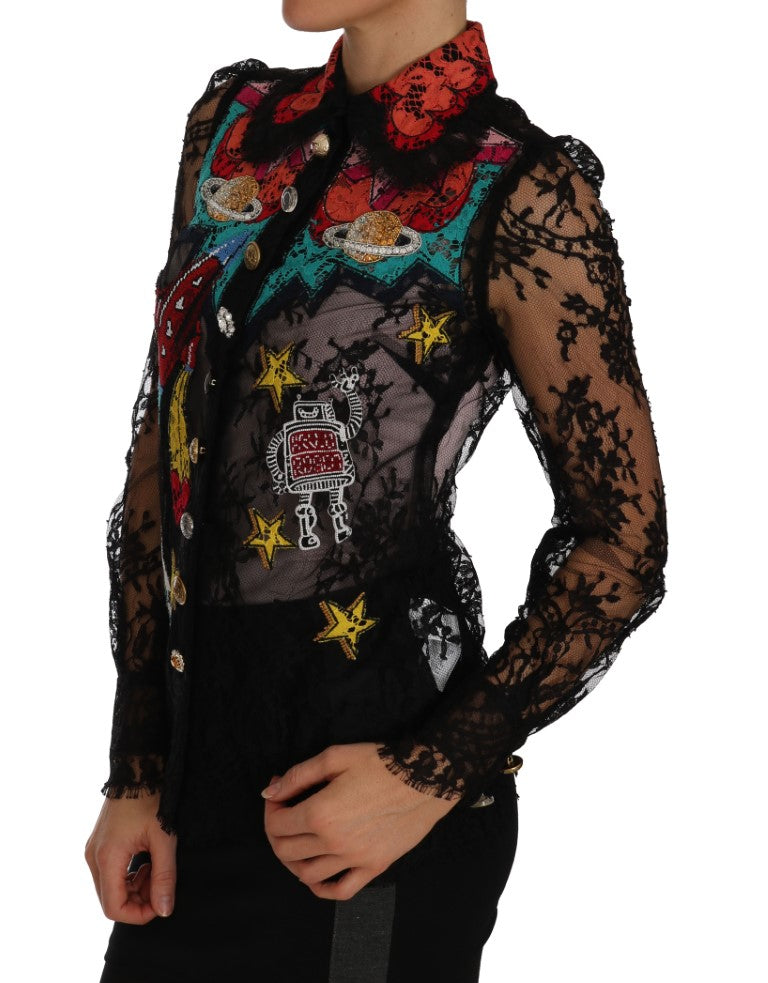 Dolce & Gabbana Schwarzes Lace Crystal SPACE Hemd