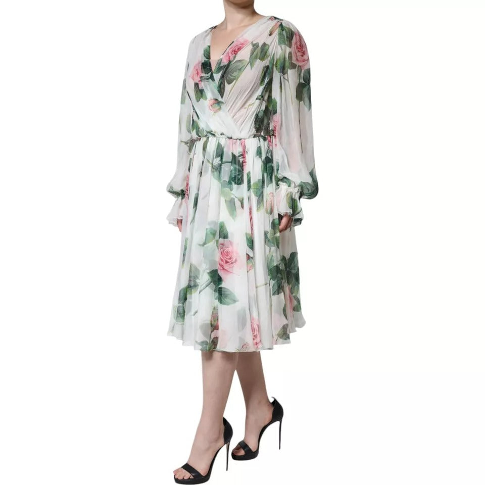 Dolce & Gabbana Weißes Midikleid mit Blumendruck aus Seide in A-Linie