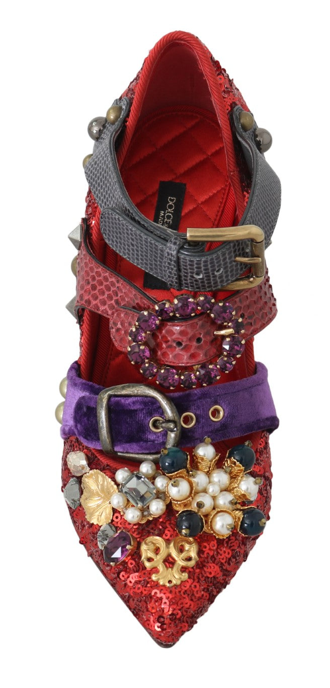 Dolce & Gabbana Red Sequin Crystal Studded Heels Shoes