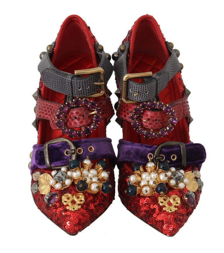 Dolce & Gabbana Red Sequin Crystal Studded Heels Shoes
